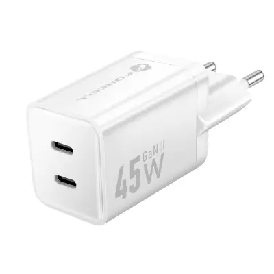 Forcell, Dvojni omrežni polnilnik 45W USB-C PD / QC 4.0 Ultra-kompakten GaN III, Bela