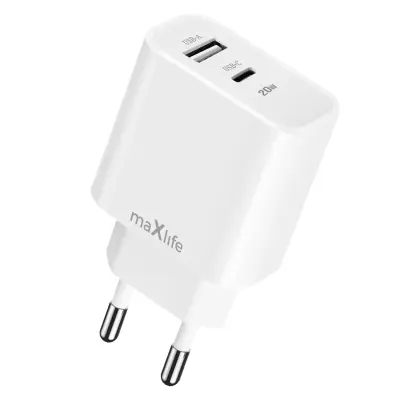 Maxlife, Polnilec z dvema priključkoma USB in USB C Power Delivery 20W, Bela