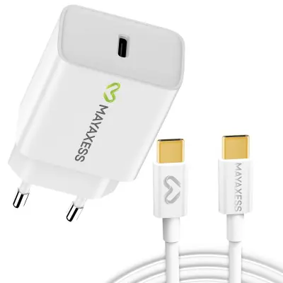 Mayaxess, 20W omrežni polnilnik za Samsung Galaxy S25 Ultra z 1m USB-C kablom, Bela