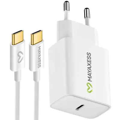 Mayaxess, 20W omrežni polnilnik za Samsung Galaxy S25 + 1m USB-C kabel, Bela