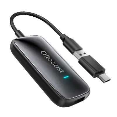 Brezžični Ottocast USB in USB-C adapter za CarPlay in Android Auto, Črna