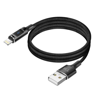 Kabel USB-A na Lightning z LED in hitrim polnjenjem 2,4A, pleten najlon 1,5m, Črna