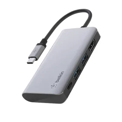 Belkin, USB razdelilec Tip C 4v1, polnjenje 100 W in video 4K, 2x USB, Srebrna