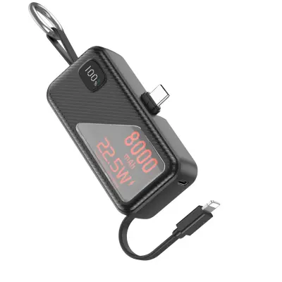 LinQ, Mini Powerbank 8000mAh USB-C 22.5W in Lightning 20W s formatom obeska za ključe, Črna