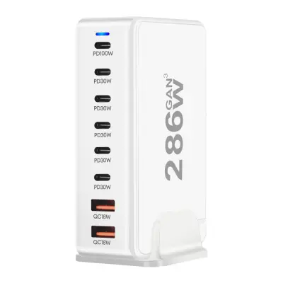 Polnilna postaja z 8 USB-C / USB hitrimi polnjenji GaN3 286W, Bela