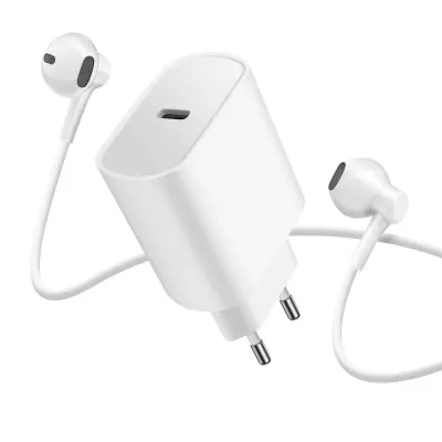 Paket USB-C polnilnik 20W + žične slušalke Jack 3.5 mm z mikrofonom, Bela