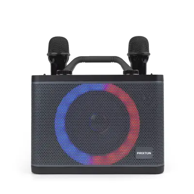 PRIXTON Prenosni Karaoke Zvocnik Bluetooth PartyGO z 2 Mikrofoni, Prikljucek USB/AUX/SD, RGB LED-osvetlitev, Avtonomije 4 h