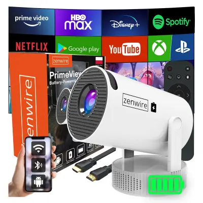 Zenwire K400 prenosni mini projektor Android 11, WiFi 6, Bluetooth 5.4, baterija 12000 mAh, 260 ANSI, podpora Full HD