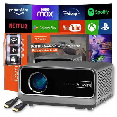 Prenosni pametni projektor Zenwire PrimeView G60, Full HD 1080p, podpora 4K, 1300 ANSI, Android Google TV 14, Wi‑Fi 6, Bluetooth 5.2, AutoFocus