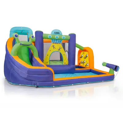 Napihljivo otroško igrišče KiNDi DPZ006 – 370 × 310 × 210 cm, vodni tobogan, ventilator 450 W, za 4 otroke