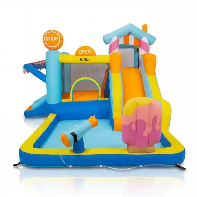 Napihljivo otroško igrišče KiNDi DPZ002 – 380×320×250 cm, tobogan, vodna funkcija, 450W