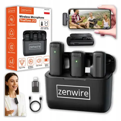 Zenwire TrueTone J13 brezžični kravatni mikrofon 2x komplet USB-C z adapterjem Lightning, polnilno ohišje QI, 2.4G