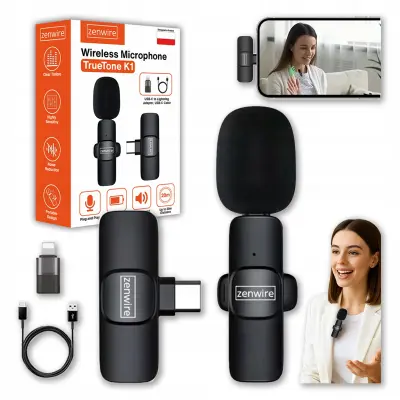 Zenwire TrueTone K1 brezžični kravatni kondenzatorski mikrofon USB-C z adapterjem Lightning, za telefon in računalnik