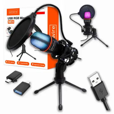 Zenwire ME4 USB kondenzatorski mikrofon z RGB, USB-C/USB-A, namizno stojalo in pop filter za PC gaming in streaming