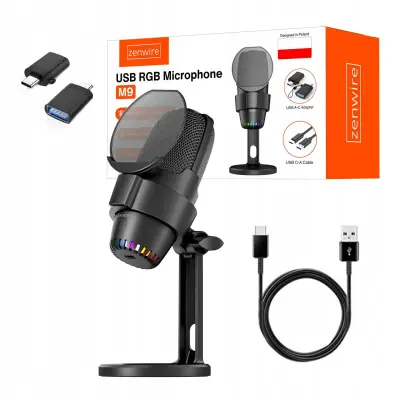 Zenwire M9 USB kondenzatorski mikrofon za računalnik, stojalo in pop filter, USB-C/USB-A, zmanjšanje šuma, RGB
