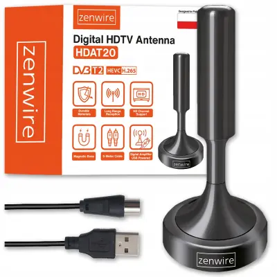 Zenwire HDAT20 notranja DVB-T2 TV antena z ojačevalnikom HEVC H.265, magnetna osnova, 5 m kabel, USB napajanje