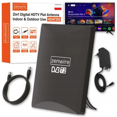 Zenwire HDAT80 2v1 DVB-T2/HEVC 4K notranja/zunanja TV antena z ojačevalnikom, LTE filtrom, 10 m kablom in napajalnikom