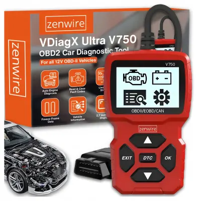 Zenwire VDiagX V750 Diagnostični OBD2 skener z LCD zaslonom 2,7", branje VIN, brisanje napak DTC, Live Data, CAN/EOBD, za večino vozil z 16-pin OBD2