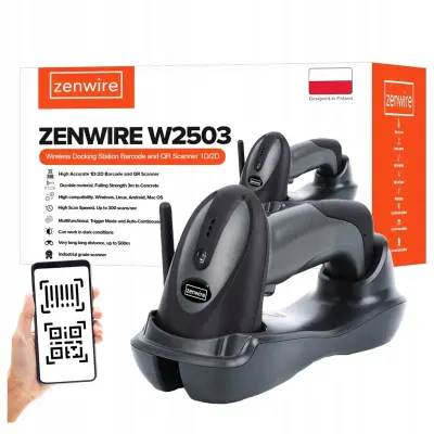 Zenwire W2503 brezžični bralnik črtne kode in QR (1D/2D CMOS) z dokom, 2,4 GHz do 500 m, USB Plug & Play