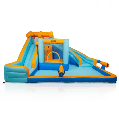 Napihljiv otroški park KiNDi DPZ010 – dvojni tobogan, vodna cona, 420 × 410 × 240 cm