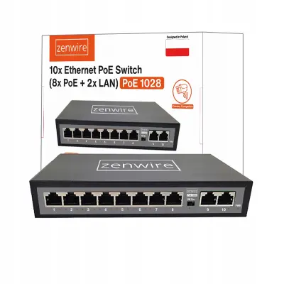 Zenwire 1028 PoE stikalo 10-portno (8x PoE + 2x uplink) Fast Ethernet 10/100, 60 W, Plug & Play za IP kamere