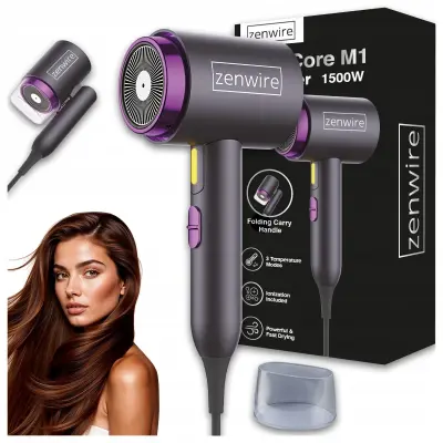 Zenwire ShineCore M1 potovalni zložljivi sušilnik za lase z ionizacijo 1500 W, 3 načini, Turbo, koncentrator, črn