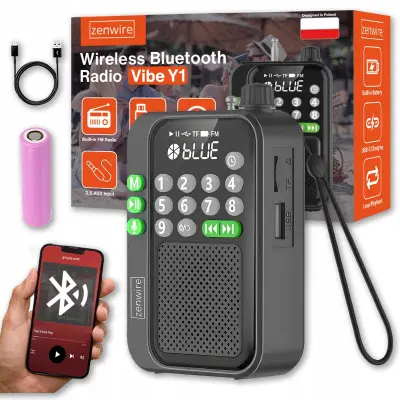 Zenwire Vibe Y1 prenosni FM radio in Bluetooth zvočnik, USB/TF, AUX, 5W, LCD, USB‑C, baterija 1200 mAh, črn