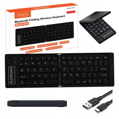 Zenwire WLK-610 Zložljiva brezžična Bluetooth tipkovnica za tablico in telefon, USB-C, QWERTY, aluminijasta, do 50 h