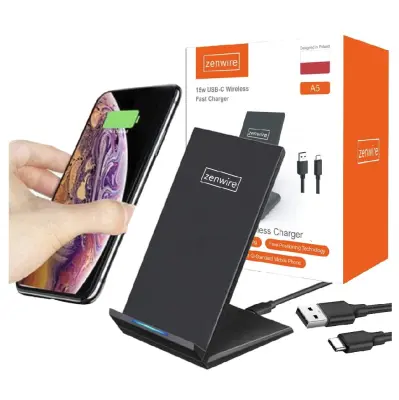 Zenwire A3 brezžični polnilec/stojalo Qi 15W Fast Charge USB-C, črn, z USB-C kablom 1 m