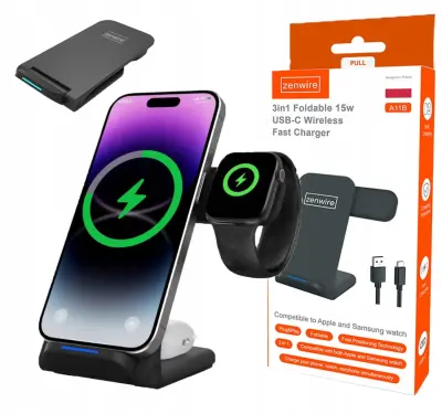 Zenwire A11B zložljiv 3v1 brezžični polnilec Qi 15W z USB-C za telefon, Apple Watch in TWS slušalke
