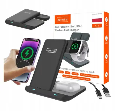 Zenwire X12 3v1 brezžična indukcijska polnilna postaja Qi 15W USB-C zložljiva za telefon, uro (Apple/Samsung) in slušalke TWS