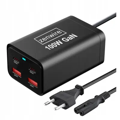 Zenwire GaN 3 100W USB polnilnik (2x USB-C 65W, 2x USB-A 30W) s 1,4 m AC kablom, EU vtič