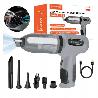 Zenwire TwinAir L3 brezžični ročni sesalnik in puhalnik 2v1 za avto in dom, 6000Pa, HEPA, USB-C, 6 nastavkov, 90W