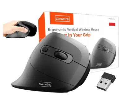 Zenwire WL-159 brezžična ergonomska navpična miška za desničarje, tih klik, USB nano sprejemnik, 1600 DPI, črna