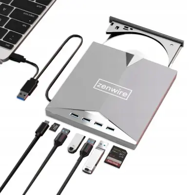 Zenwire 7v1 Zunanji CD/DVD zapisovalnik in predvajalnik USB 3.0/USB-C z USB vozliščem 4x in bralnikom SD/microSD