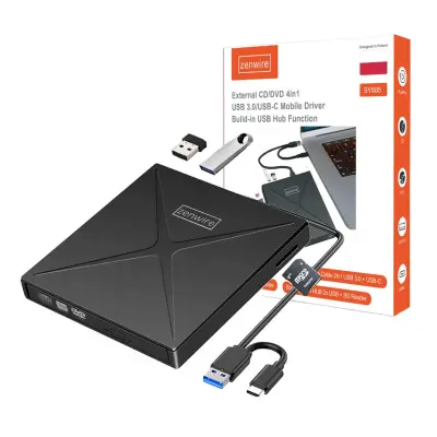 Zenwire SY885 4v1 zunanji prenosni DVD/CD RW pogon z USB 3.0 in USB-C, USB hub (2x) in SD/microSD čitalnikom
