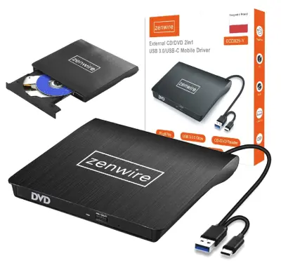 Zenwire ECD829-Y zunanji prenosni DVD/CD zapisovalnik USB 3.0 in USB-C, Slim, Plug & Play, črn