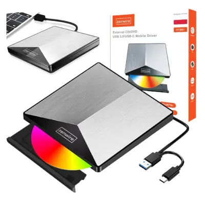 Zenwire SY881 zunanji prenosni DVD/CD RW pogon in zapisovalnik, USB 3.0 in USB-C 3.1, aluminijasto ohišje, za prenosnik/PC