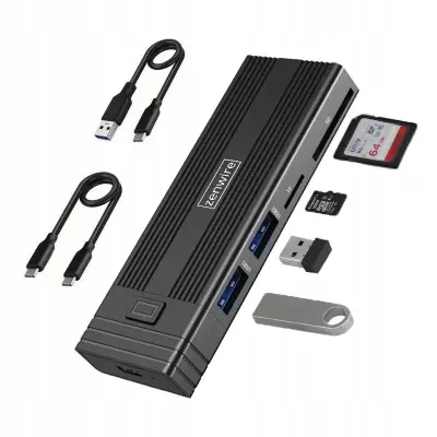 Zenwire HUB63 ohišje za M.2 SSD + USB-C hub 7v1, NVMe/SATA, 10 Gb/s, 2x USB-A, bralnik SD/microSD kartic