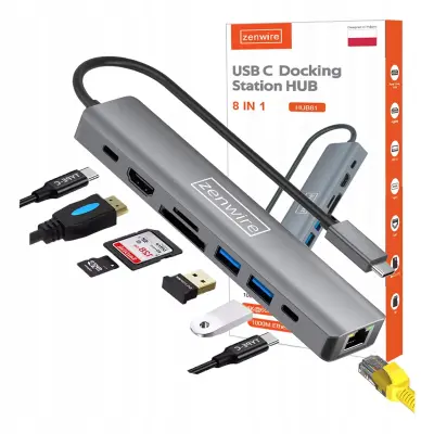 Zenwire HUB81 USB‑C večportni adapter 8v1 HDMI 2.0 4K@60Hz, LAN 1Gb/s, PD 100W, 2x USB 3.0, SD/microSD