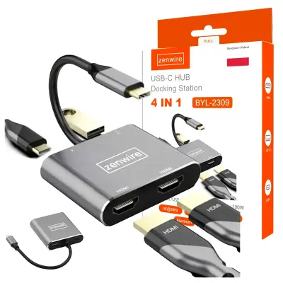 Zenwire BYL-2309 USB-C hub adapter 4v1 z 2x HDMI 4K, USB 3.0 in Power Delivery 87W (Thunderbolt 3)
