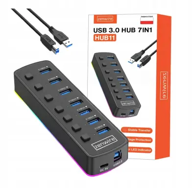 Zenwire HUB11 aktivni USB 3.0 HUB/razdelilnik 7x USB-A (7v1), RGB LED, gumbi ON/OFF, do 5 Gb/s, USB-C napajanje, adapter USB-C
