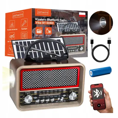 Radio Retro FM, solarno napajano, Bluetooth, prenosno, na baterije, z anteno, USB-C, Zenwire BT-S060
