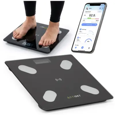 Elektronska tehtnica za kopalnico, zmogljivost 180 kg, z zaslonom LCD iz kaljenega stekla, črna barva, s povezavo preko aplikacije.