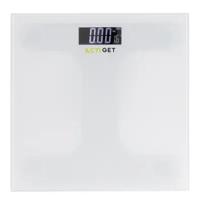 Digitalna tehtnica za kopalnico, primerna za domačo uporabo, zmogljivost do 150 kg, steklena površina, bela barva.