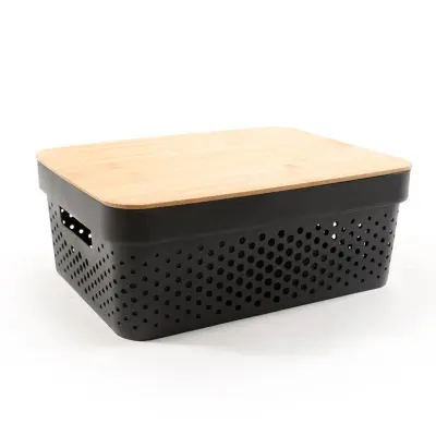 Plastco pvc košara z lesenim pokrovom 35,5x26,5x13,5cm / črna / pvc, les