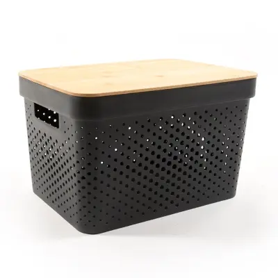 Plastco pvc košara z lesenim pokrovom 35,5x26,5x21,5cm / črna / pvc, les