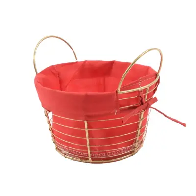 Kovinska košara 20xh18cm / okrogla / zlata, rdeča / kovina, tekstil