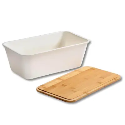 Posoda za kruh z lesenim pokrovom 35x20xh13,5cm / bela / melamin, les