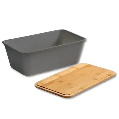 Posoda za kruh z lesenim pokrovom 35x20xh13,5cm / siva / melamin, les
